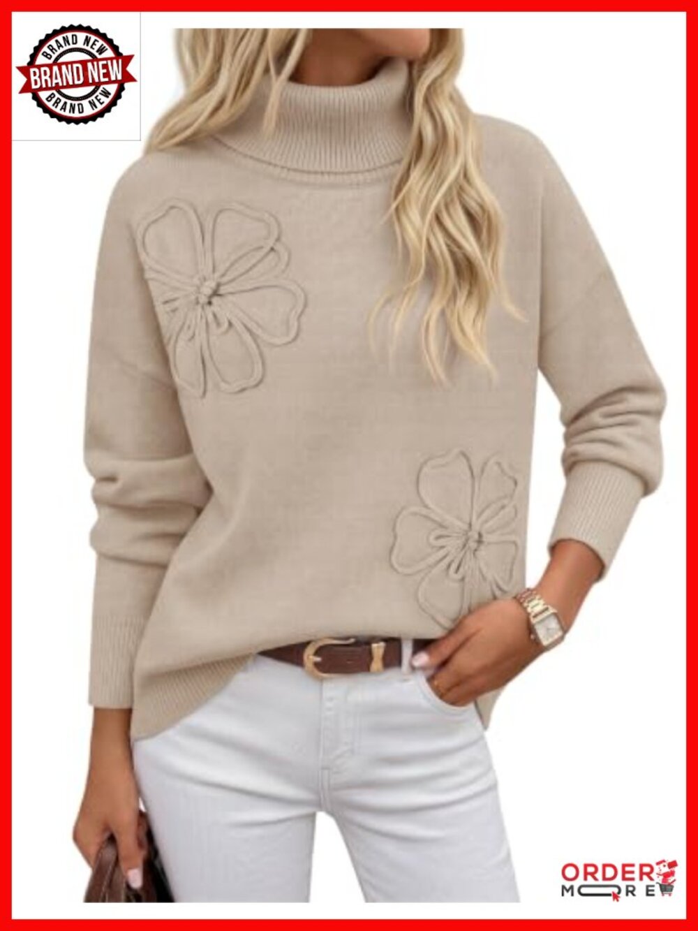 Womens Ribbed Turtleneck Floral Applique Pullover Sweater Long Sleeve